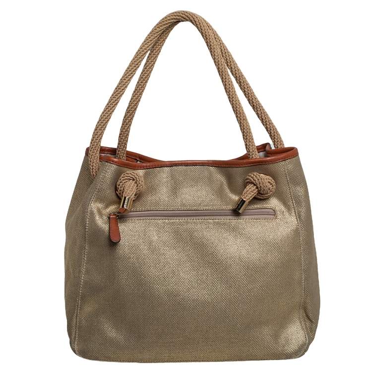 Pre Owned MICHAEL Michael Kors Metallic Beige/Brown Canvas and Leather Large Isla Tote