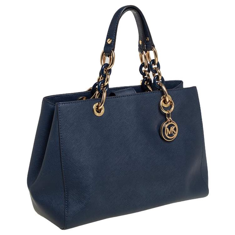 Pre Owned MICHAEL Michael Kors Navy Blue Leather Medium Cynthia Tote