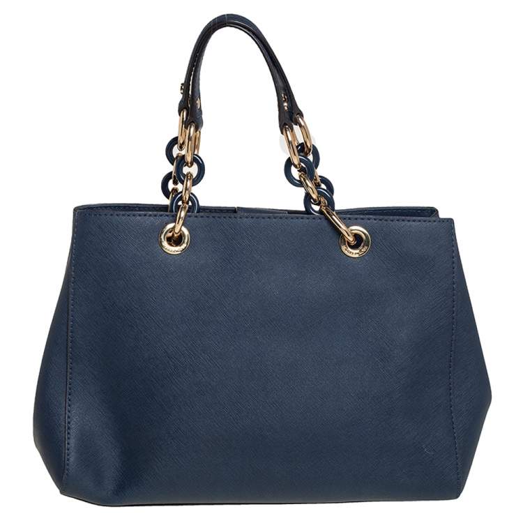 Pre Owned MICHAEL Michael Kors Navy Blue Leather Medium Cynthia Tote