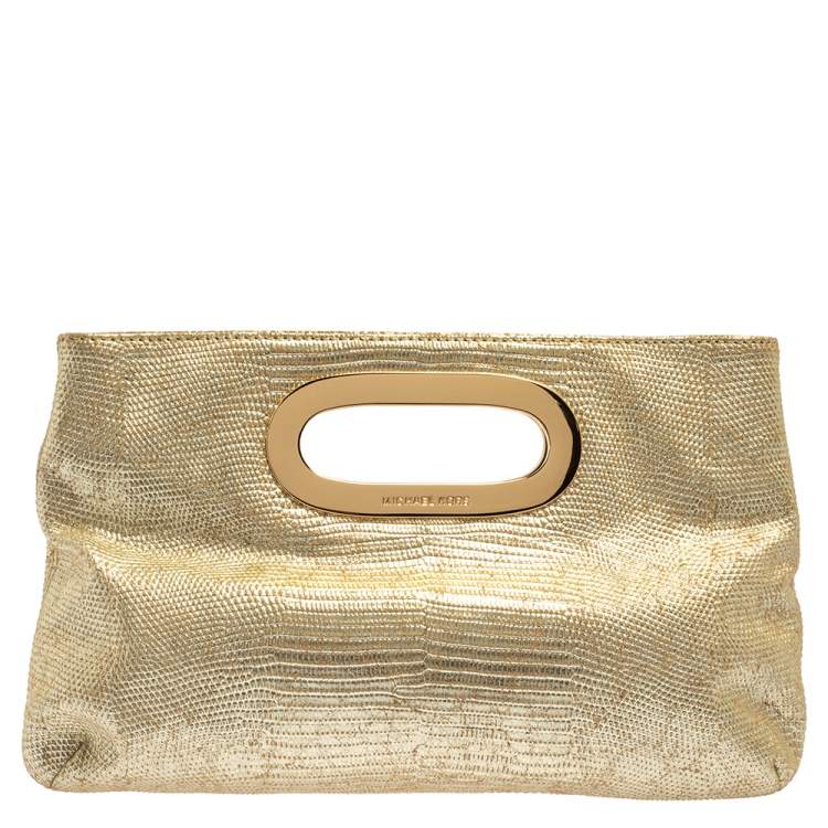 Pre Owned MICHAEL Michael Kors Metallic Lizard Embossed Leather Berkley Clutch
