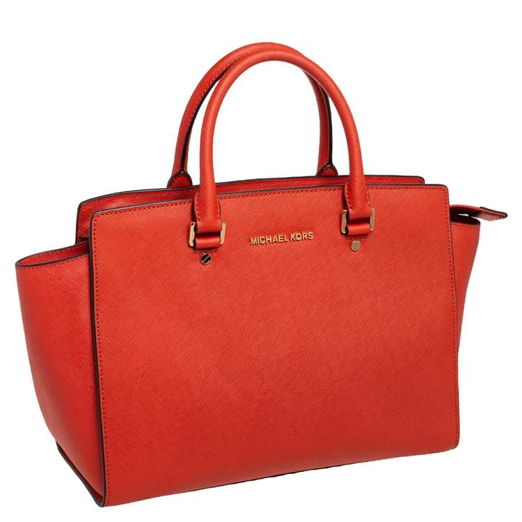 Pre Owned MICHAEL Michael Kors Orange Saffiano Leather Large Selma Tote