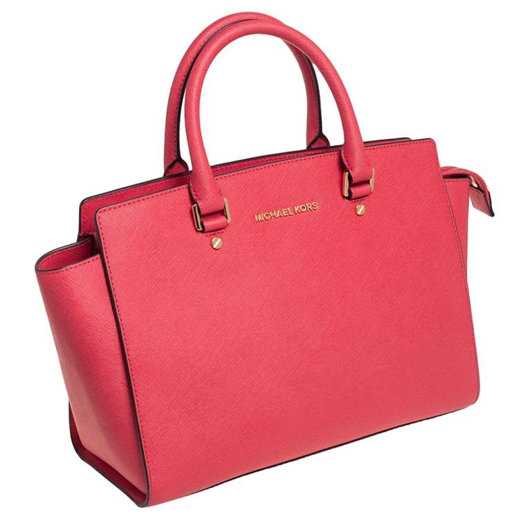 Pre Owned MICHAEL Michael Kors Coral Pink Saffiano Leather Large Selma Tote