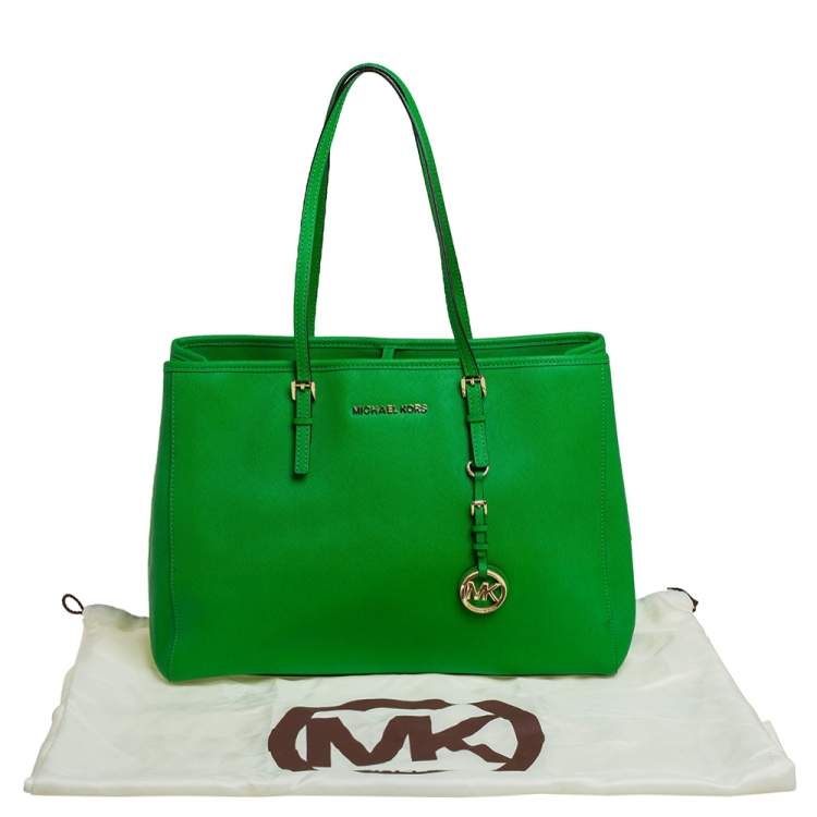 Pre Owned MICHAEL Michael Kors Green Saffiano Leather Large Jet Set Travel Tote