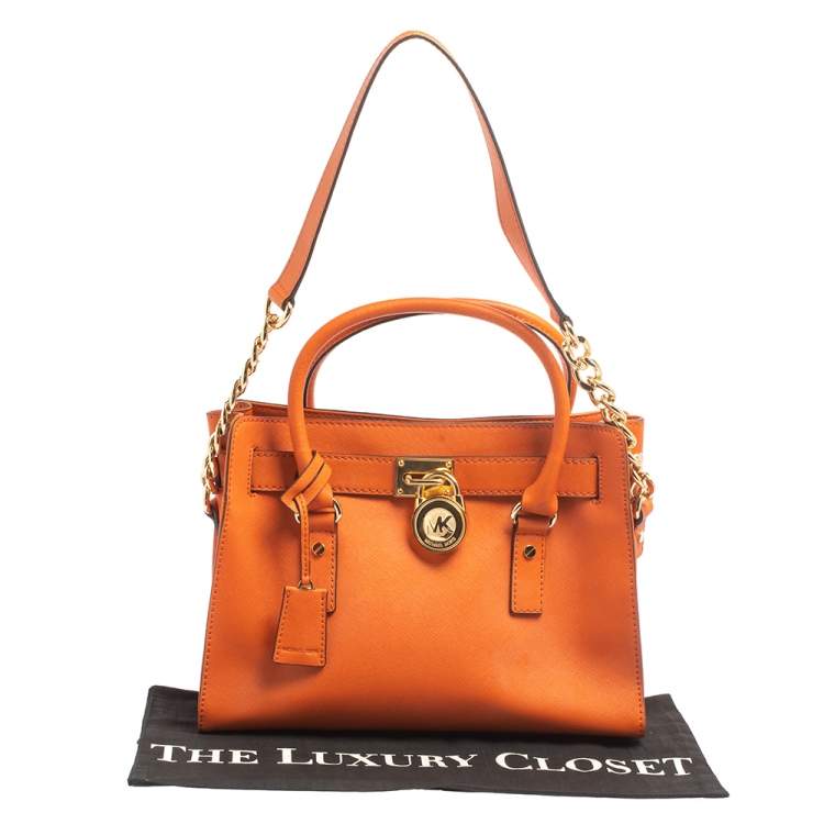Pre Owned MICHAEL Michael Kors Orange Leather Medium Hamilton East West Tote