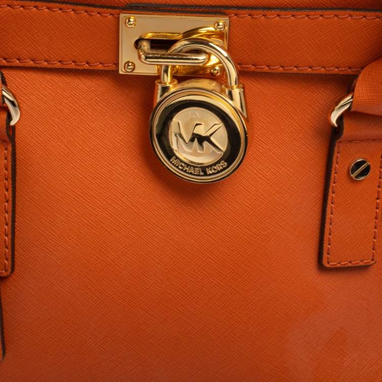 Pre Owned MICHAEL Michael Kors Orange Leather Medium Hamilton East West Tote