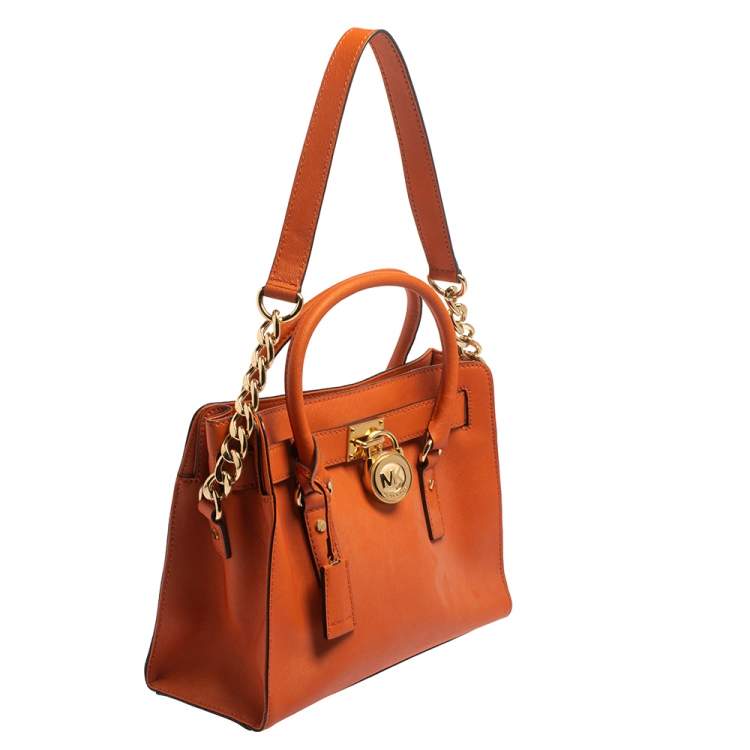 Pre Owned MICHAEL Michael Kors Orange Leather Medium Hamilton East West Tote