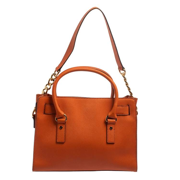 Pre Owned MICHAEL Michael Kors Orange Leather Medium Hamilton East West Tote