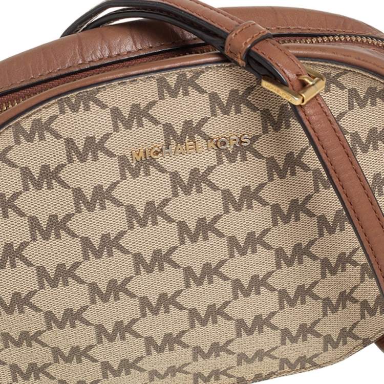 Pre Owned MICHAEL Michael Kors Beige/Tan Signature Coated Canvas and Leather Jet Set Crossbody Bag