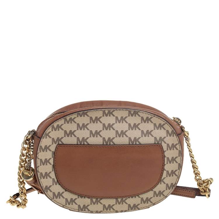 Pre Owned MICHAEL Michael Kors Beige/Tan Signature Coated Canvas and Leather Jet Set Crossbody Bag