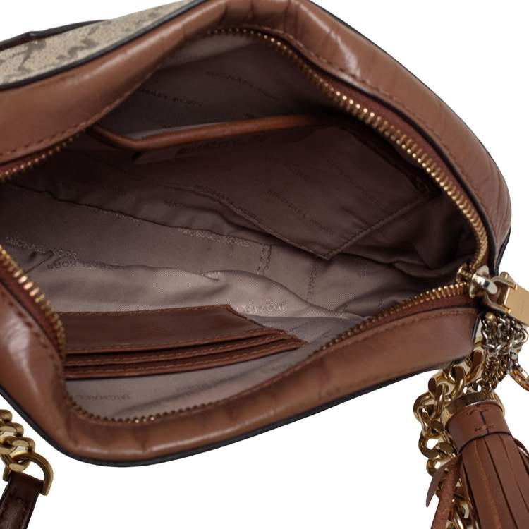 Pre Owned MICHAEL Michael Kors Beige/Tan Signature Coated Canvas and Leather Jet Set Crossbody Bag