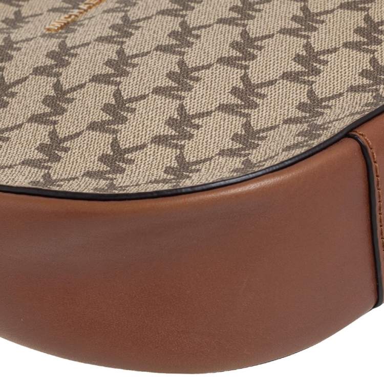 Pre Owned MICHAEL Michael Kors Beige/Tan Signature Coated Canvas and Leather Jet Set Crossbody Bag