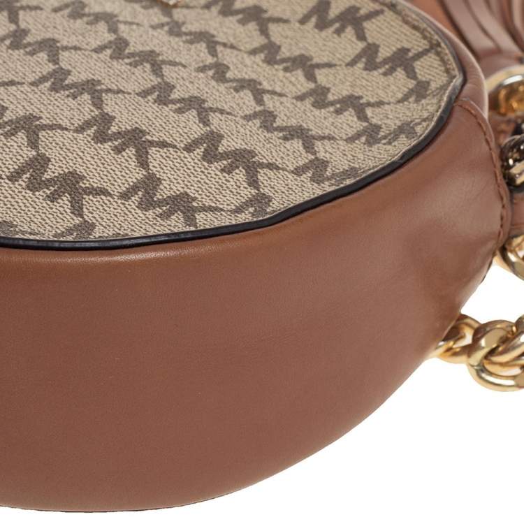 Pre Owned MICHAEL Michael Kors Beige/Tan Signature Coated Canvas and Leather Jet Set Crossbody Bag