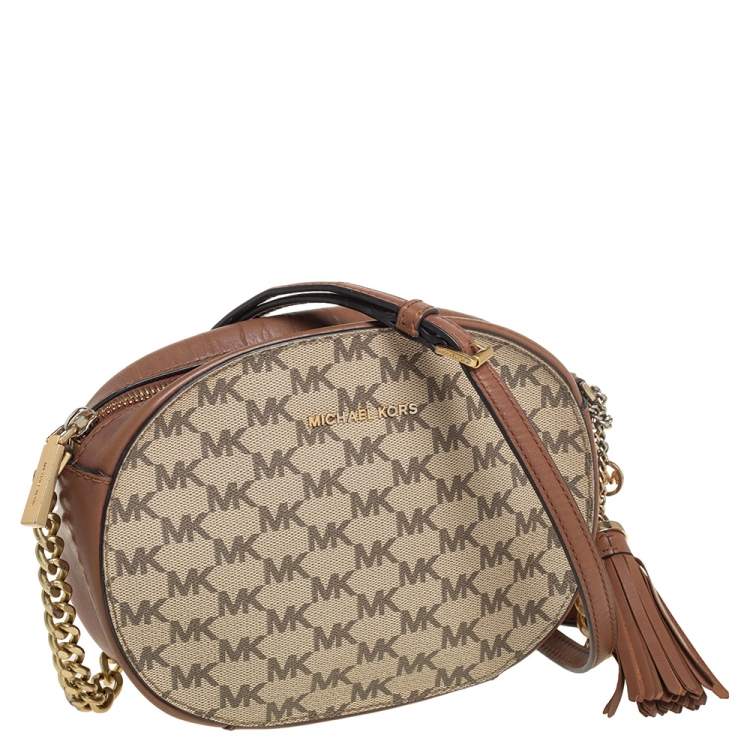 Pre Owned MICHAEL Michael Kors Beige/Tan Signature Coated Canvas and Leather Jet Set Crossbody Bag