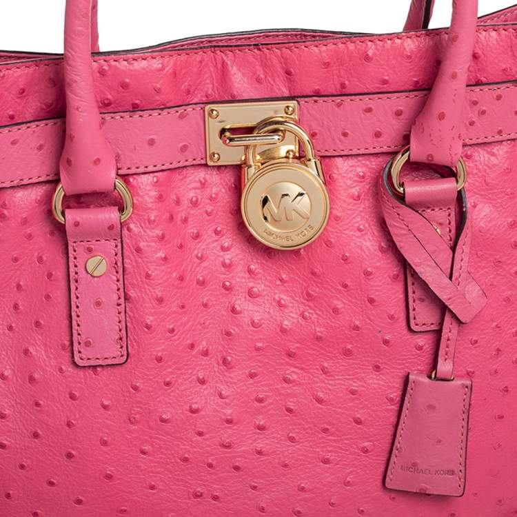 Pre Owned MICHAEL Michael Kors Pink Ostrich Embossed Leather Large Hamilton North South Tote