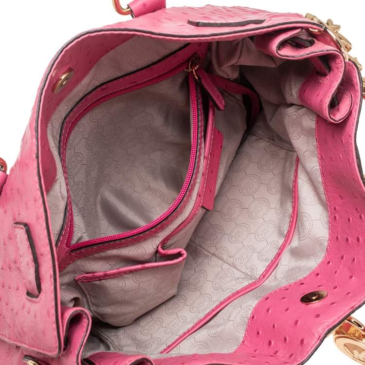 Pre Owned MICHAEL Michael Kors Pink Ostrich Embossed Leather Large Hamilton North South Tote