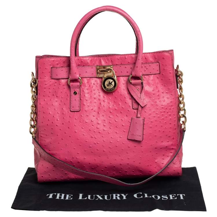Pre Owned MICHAEL Michael Kors Pink Ostrich Embossed Leather Large Hamilton North South Tote