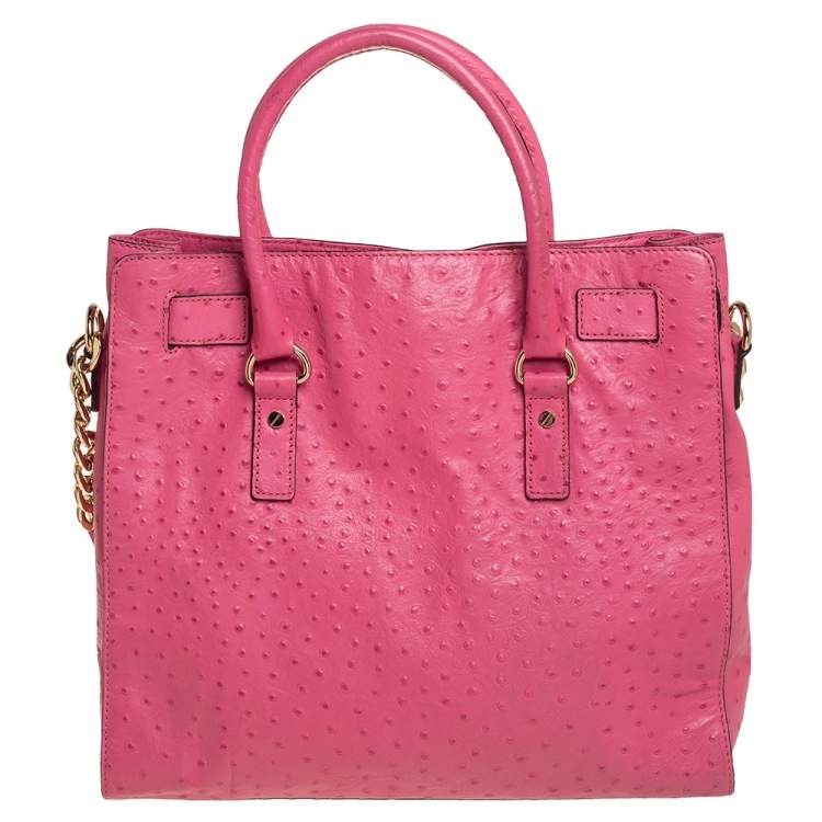 Pre Owned MICHAEL Michael Kors Pink Ostrich Embossed Leather Large Hamilton North South Tote