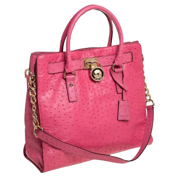 Pre Owned MICHAEL Michael Kors Pink Ostrich Embossed Leather Large Hamilton North South Tote