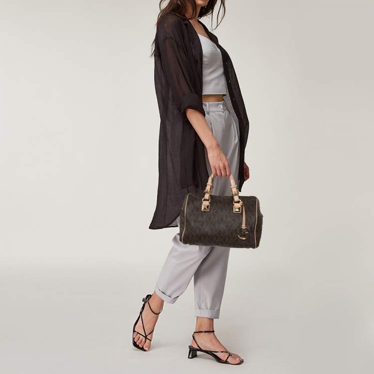 مملوكة مسبقًا MICHAEL Michael Kors Brown/Beige Signature Coated Canvas and Leather Grayson Boston Bag