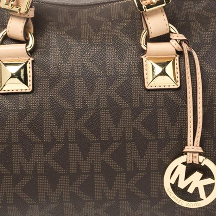 مملوكة مسبقًا MICHAEL Michael Kors Brown/Beige Signature Coated Canvas and Leather Grayson Boston Bag