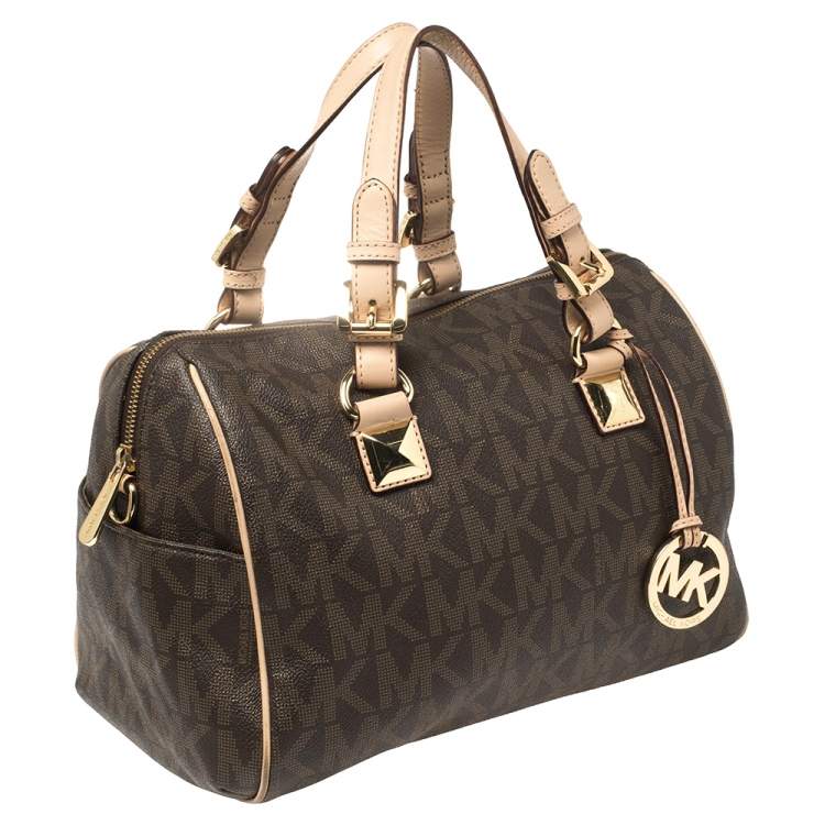 مملوكة مسبقًا MICHAEL Michael Kors Brown/Beige Signature Coated Canvas and Leather Grayson Boston Bag