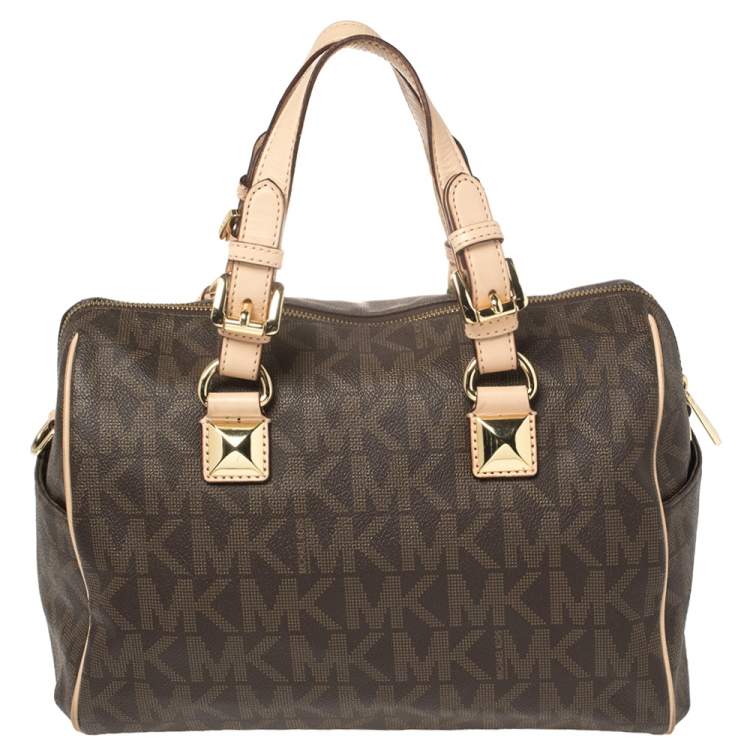 مملوكة مسبقًا MICHAEL Michael Kors Brown/Beige Signature Coated Canvas and Leather Grayson Boston Bag
