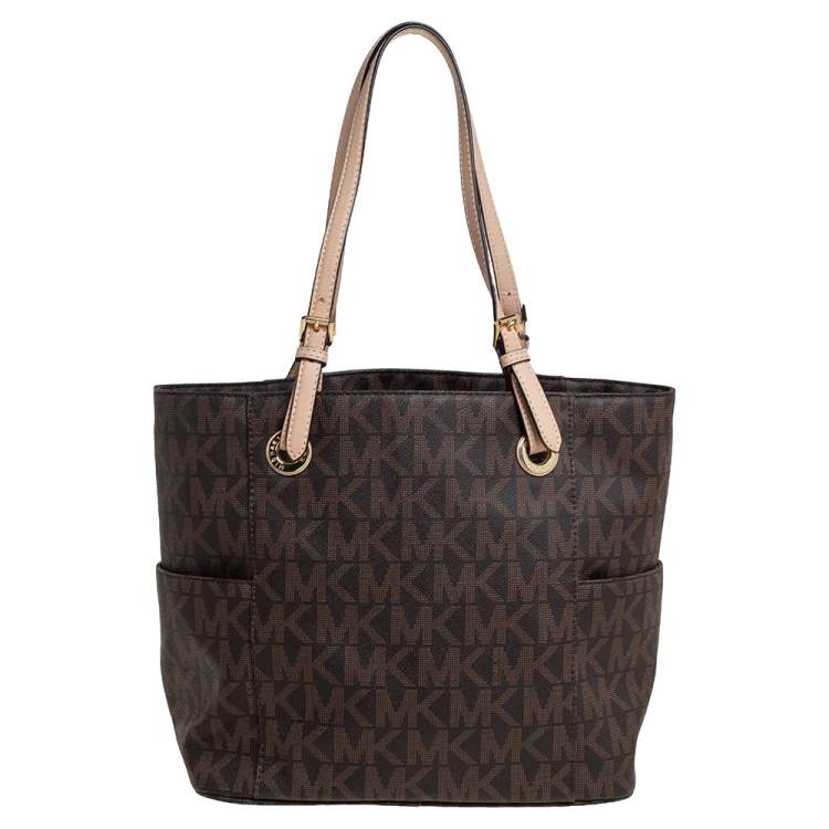 مملوكة مسبقًا MICHAEL Michael Kors Brown Signature Coated Canvas and Leather Jet Set East West Tote