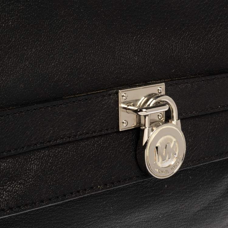 Pre Owned MICHAEL Michael Kors Black Pebbled Leather Padlock Flap Top Handle Bag