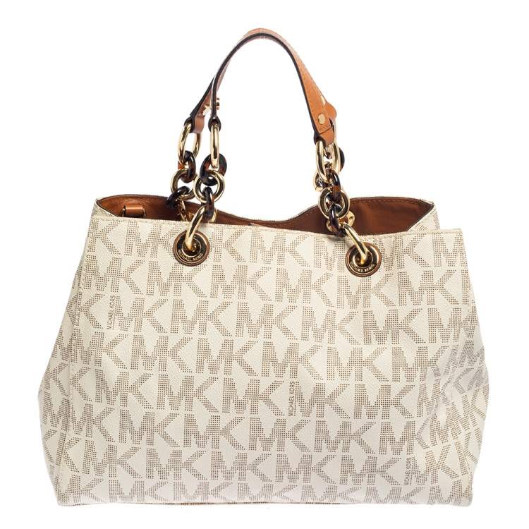 Pre Owned MICHAEL Michael Kors White Signature Coated Canvas Medium Cynthia Tote
