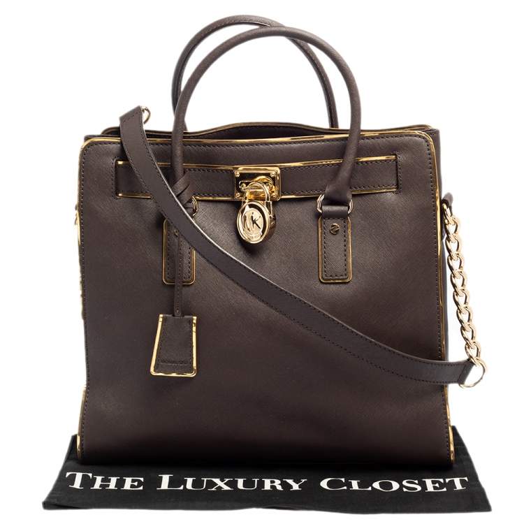 Pre Owned MICHAEL Michael Kors Brown/Gold Leather Large Hamilton North South Tote