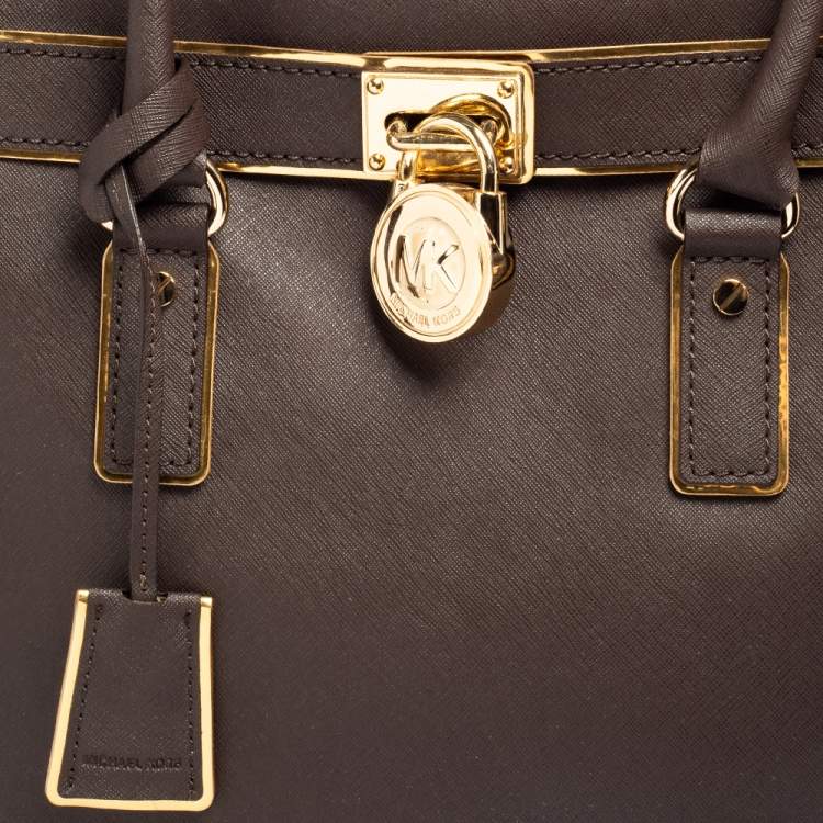 Pre Owned MICHAEL Michael Kors Brown/Gold Leather Large Hamilton North South Tote