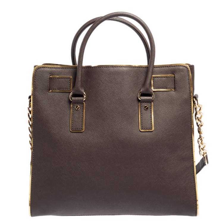 Pre Owned MICHAEL Michael Kors Brown/Gold Leather Large Hamilton North South Tote