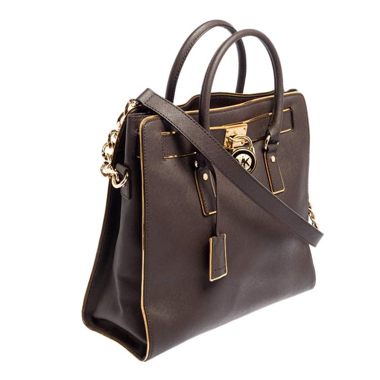 Pre Owned MICHAEL Michael Kors Brown/Gold Leather Large Hamilton North South Tote