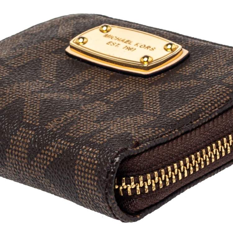 Pre Owned  Michael Kors Brown Signature Coated Canvas Zip Around Compact Wallet