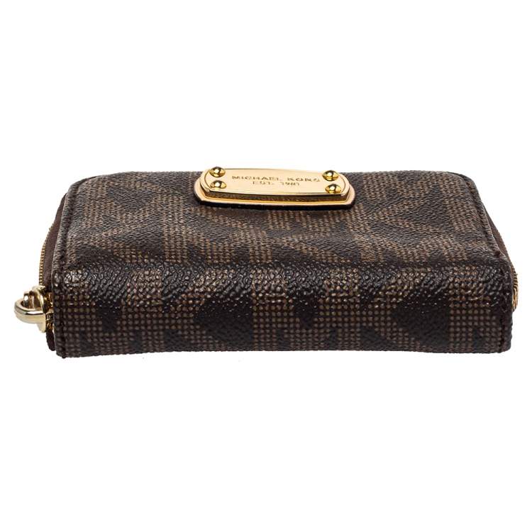 Pre Owned  Michael Kors Brown Signature Coated Canvas Zip Around Compact Wallet
