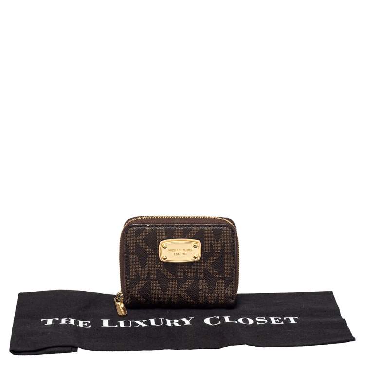 Pre Owned  Michael Kors Brown Signature Coated Canvas Zip Around Compact Wallet