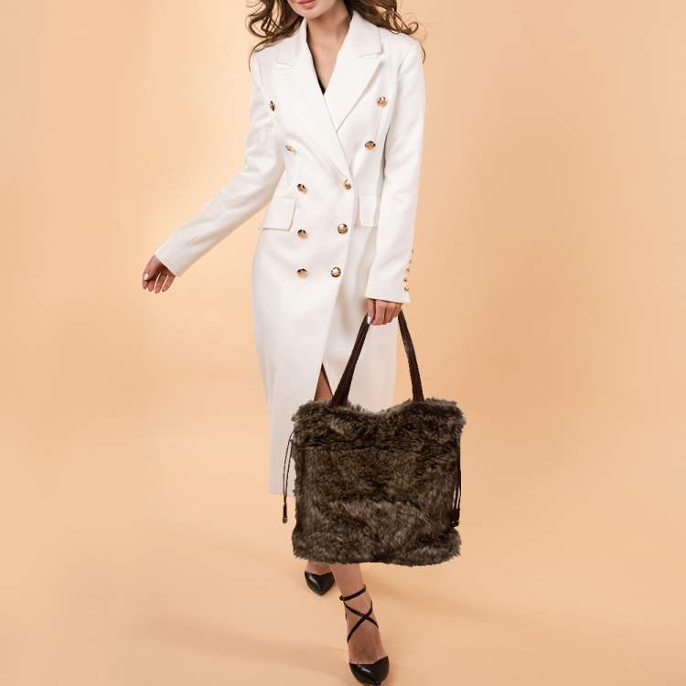 Pre Owned MICHAEL Michael Kors Brown Faux Fur Drawstring Tote