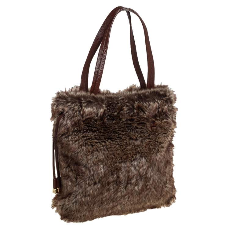 Pre Owned MICHAEL Michael Kors Brown Faux Fur Drawstring Tote