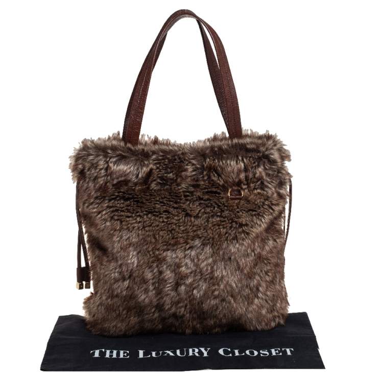 Pre Owned MICHAEL Michael Kors Brown Faux Fur Drawstring Tote