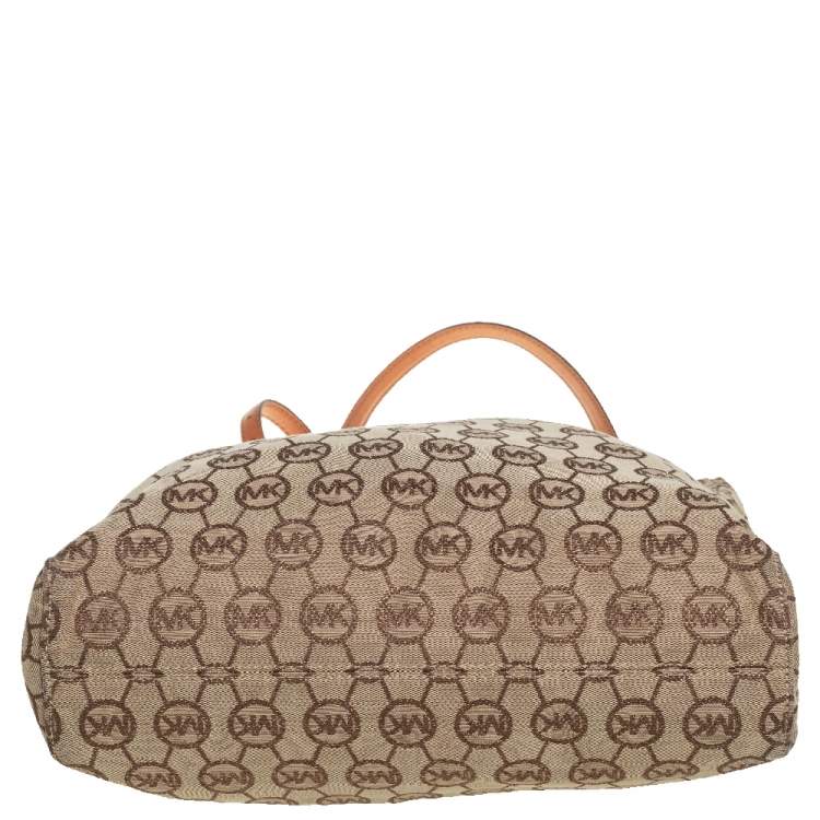 Pre Owned  MICHAEL Michael Kors Beige/Brown Signature Canvas and Leather Large Jet Set Tote