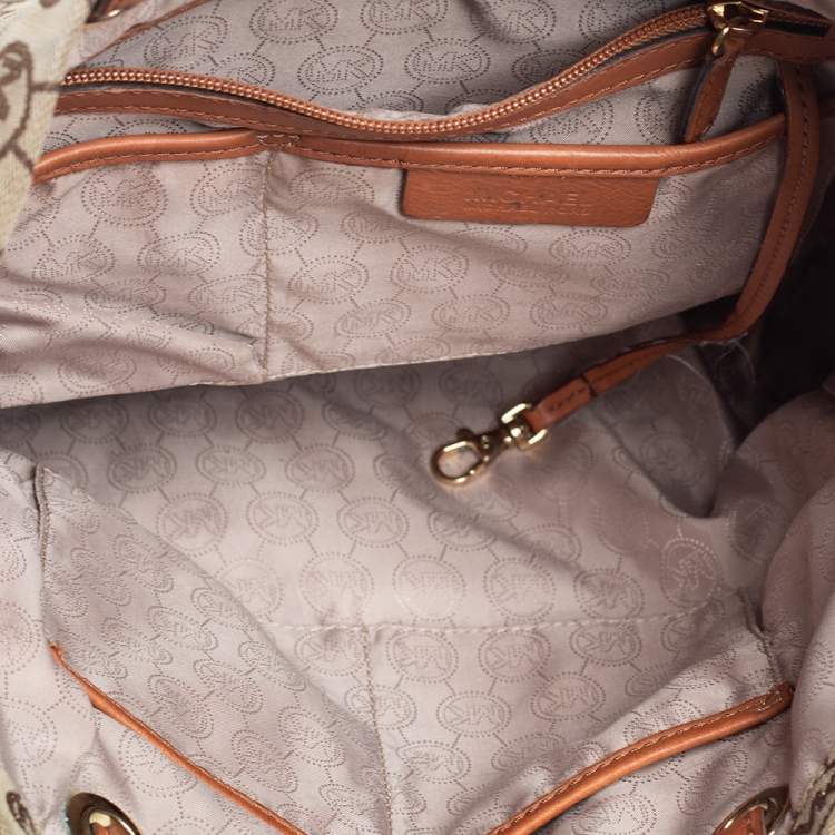 Pre Owned  MICHAEL Michael Kors Beige/Brown Signature Canvas and Leather Large Jet Set Tote