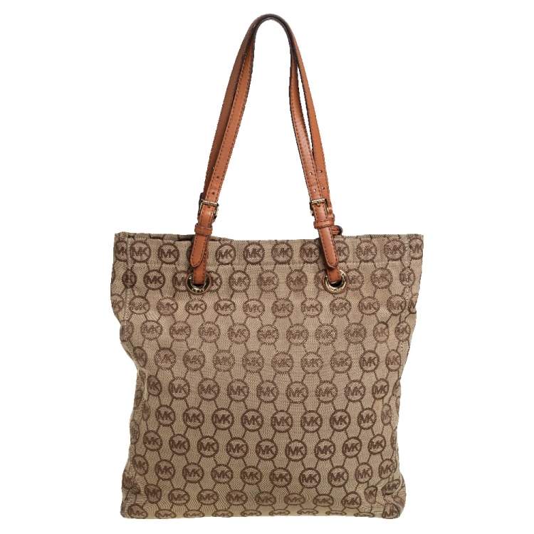 Pre Owned  MICHAEL Michael Kors Beige/Brown Signature Canvas and Leather Large Jet Set Tote