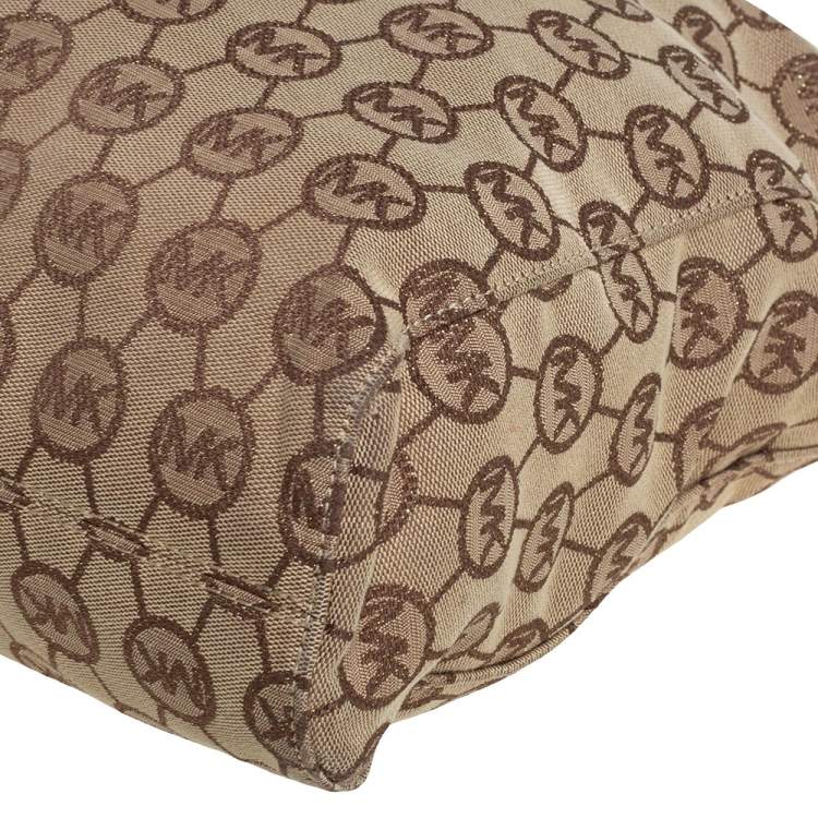 Pre Owned  MICHAEL Michael Kors Beige/Brown Signature Canvas and Leather Large Jet Set Tote