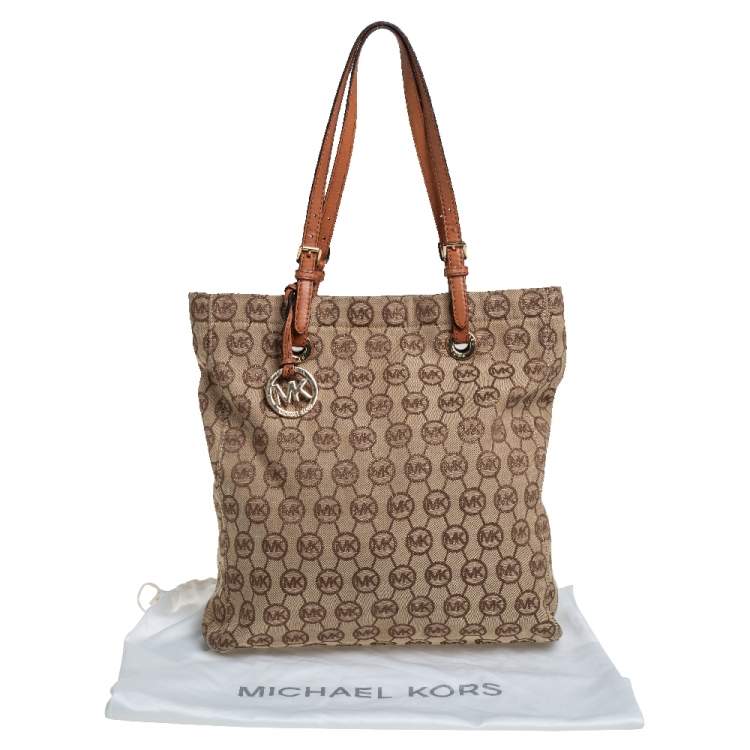 Pre Owned  MICHAEL Michael Kors Beige/Brown Signature Canvas and Leather Large Jet Set Tote