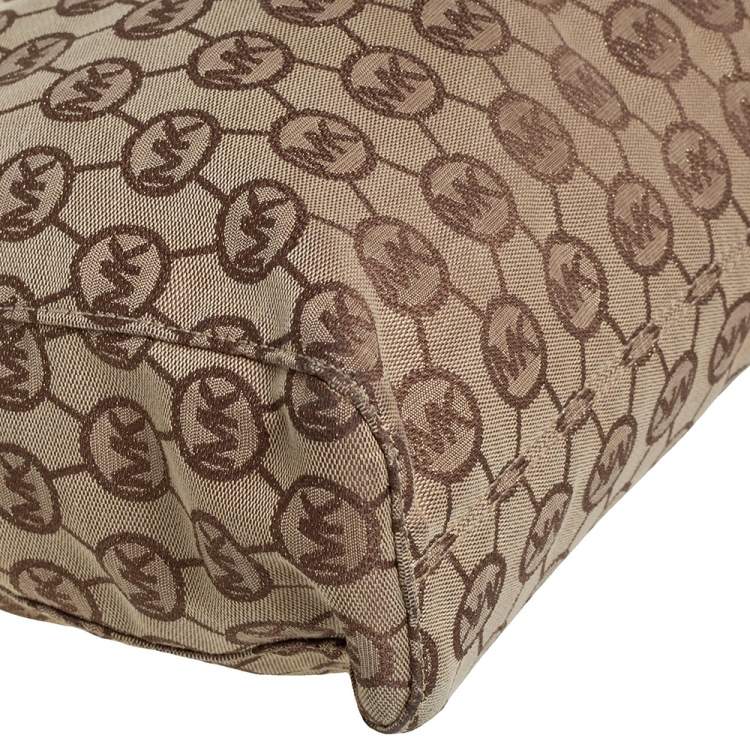 Pre Owned  MICHAEL Michael Kors Beige/Brown Signature Canvas and Leather Large Jet Set Tote