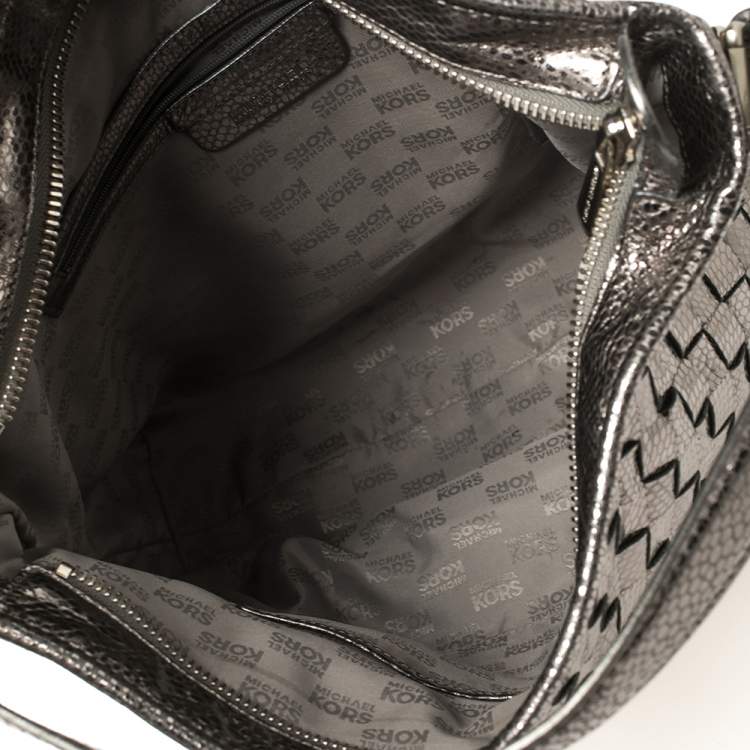 Pre Owned MICHAEL Michael Kors Metallic Silver Woven Leather Newbury Hobo