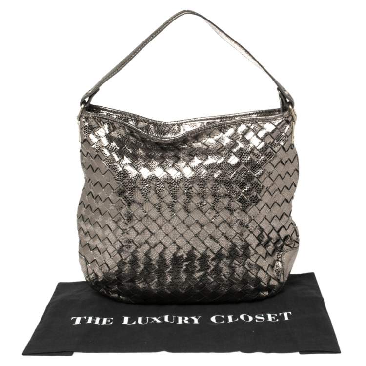 Pre Owned MICHAEL Michael Kors Metallic Silver Woven Leather Newbury Hobo