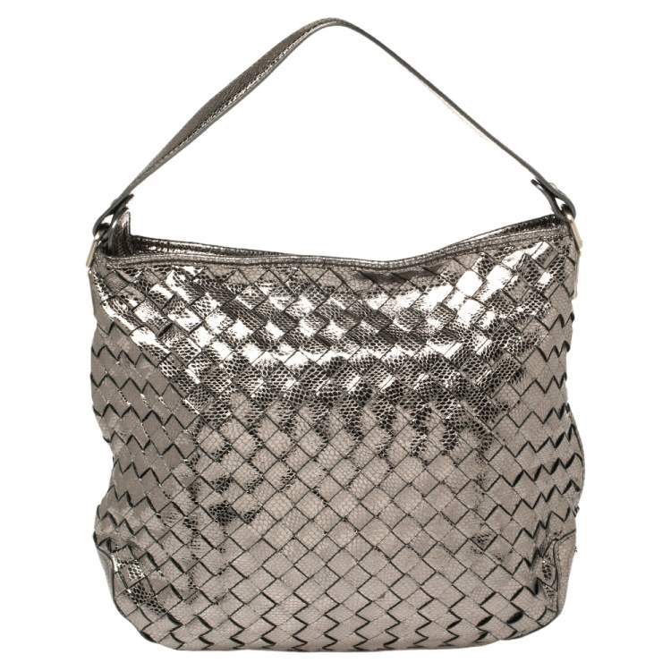 Pre Owned MICHAEL Michael Kors Metallic Silver Woven Leather Newbury Hobo
