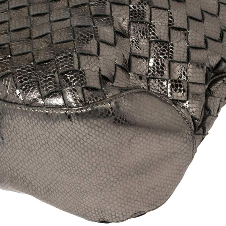 Pre Owned MICHAEL Michael Kors Metallic Silver Woven Leather Newbury Hobo