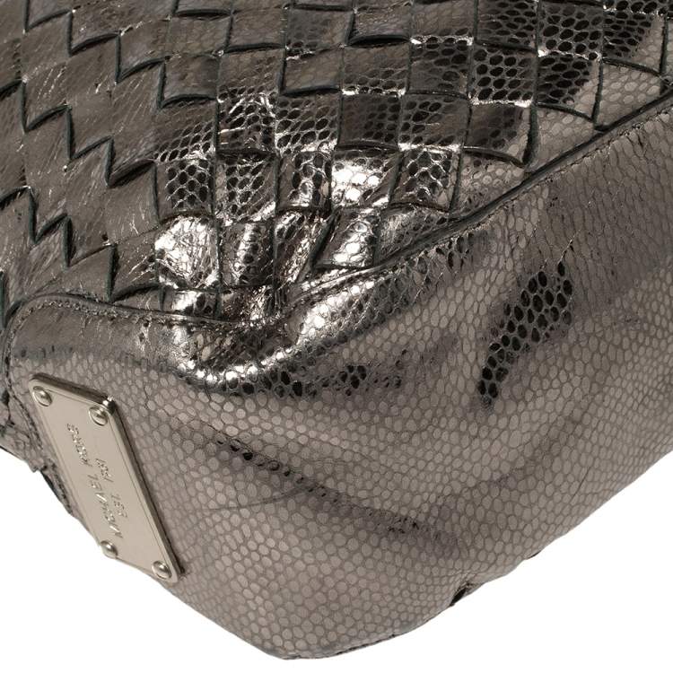 Pre Owned MICHAEL Michael Kors Metallic Silver Woven Leather Newbury Hobo